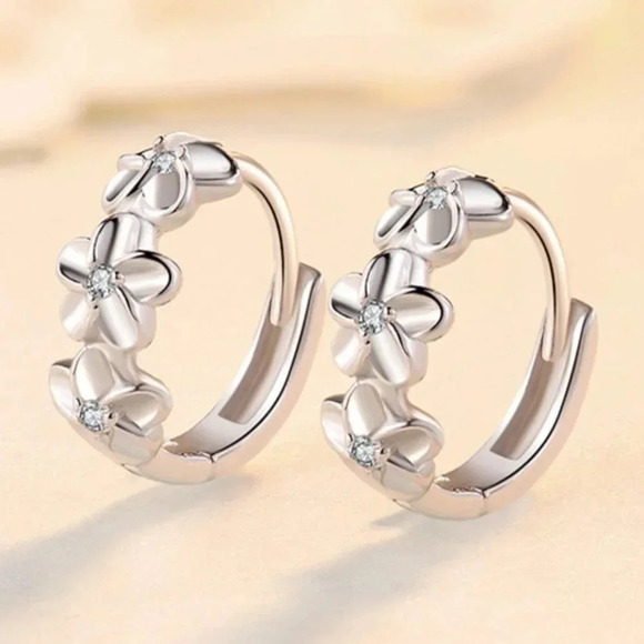 925 Sterling Silver Flower Huggie Hoop Earrings Small Silver Earrings - Picture 3 of 4